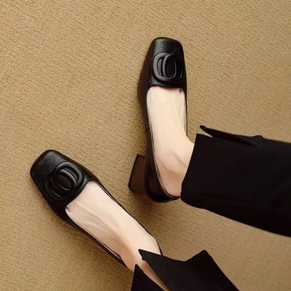 Women's shallow mouth pumps in light brown or black with mid chunky heel, square toe and buckle