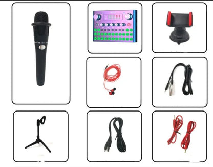 F007plus USB sound card and condenser microphone for live broadcast, shown with bracket.