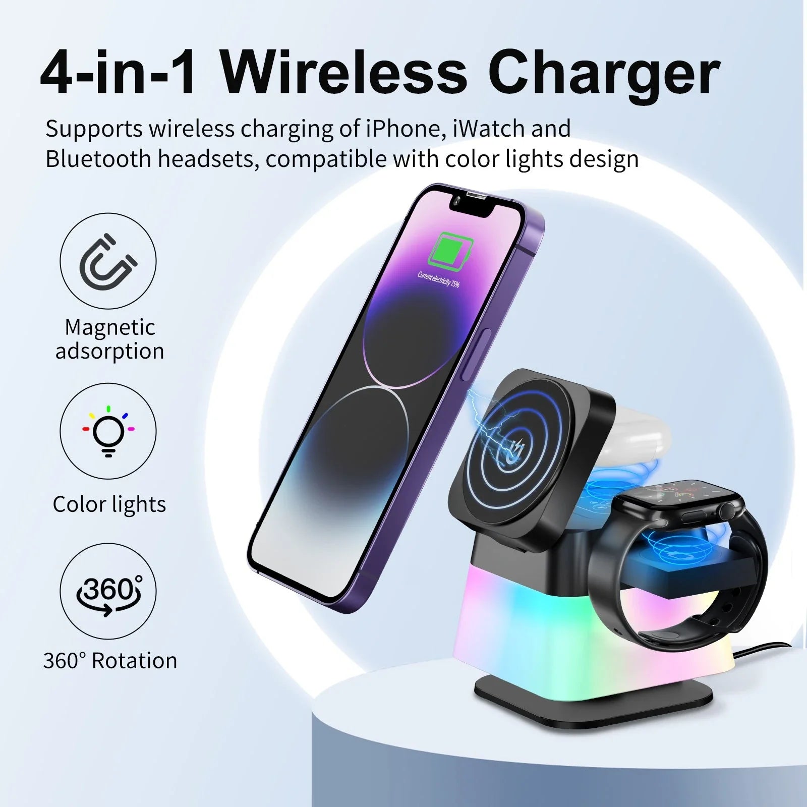 Versatile 4-in-1 wireless charging station with adjustable mood lighting for iPhone, Apple Watch, and AirPods