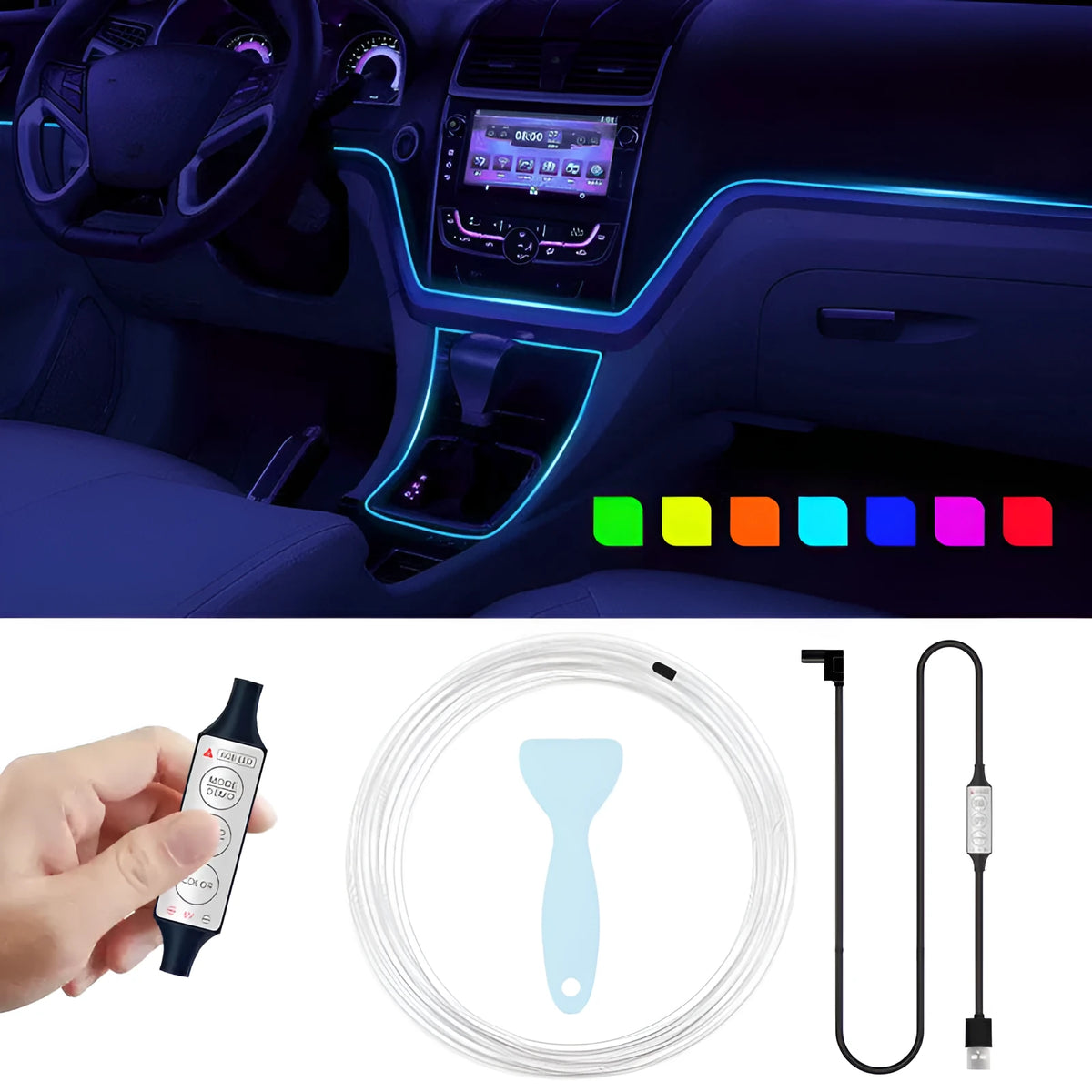 USB-powered RGB LED light strip for car interior with manual controller and five length options.
