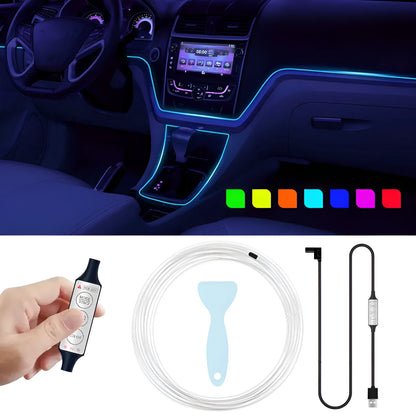 USB-powered RGB LED light strip for car interior with manual controller and five length options.