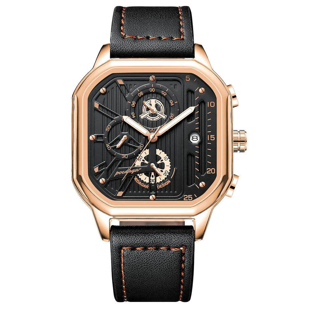 Men's black and gold belt-style quartz sports watch on wrist, 8mm thick case.