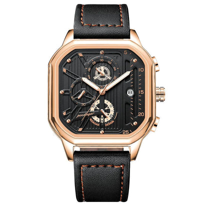 Men's black and gold belt-style quartz sports watch on wrist, 8mm thick case.