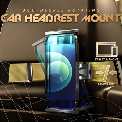 Adjustable 360-degree rotating car headrest mount for tablets, smartphones, and Nintendo Switch devices