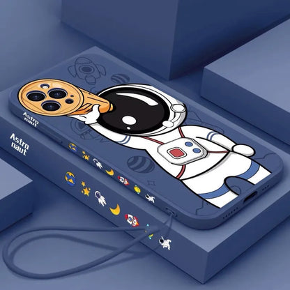 Silicone iPhone case with a cartoon astronaut and starry sky planet design.
