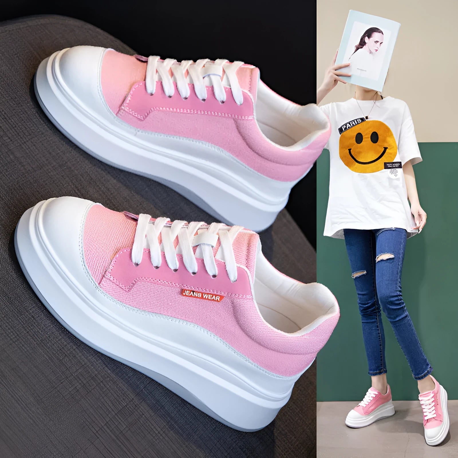 Women's pink leather board shoes with thick height-increasing sole on beige background
