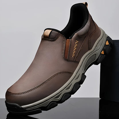 Men's round-toe casual leather shoes with a flat heel and rubber sole in black, brown, or grey.