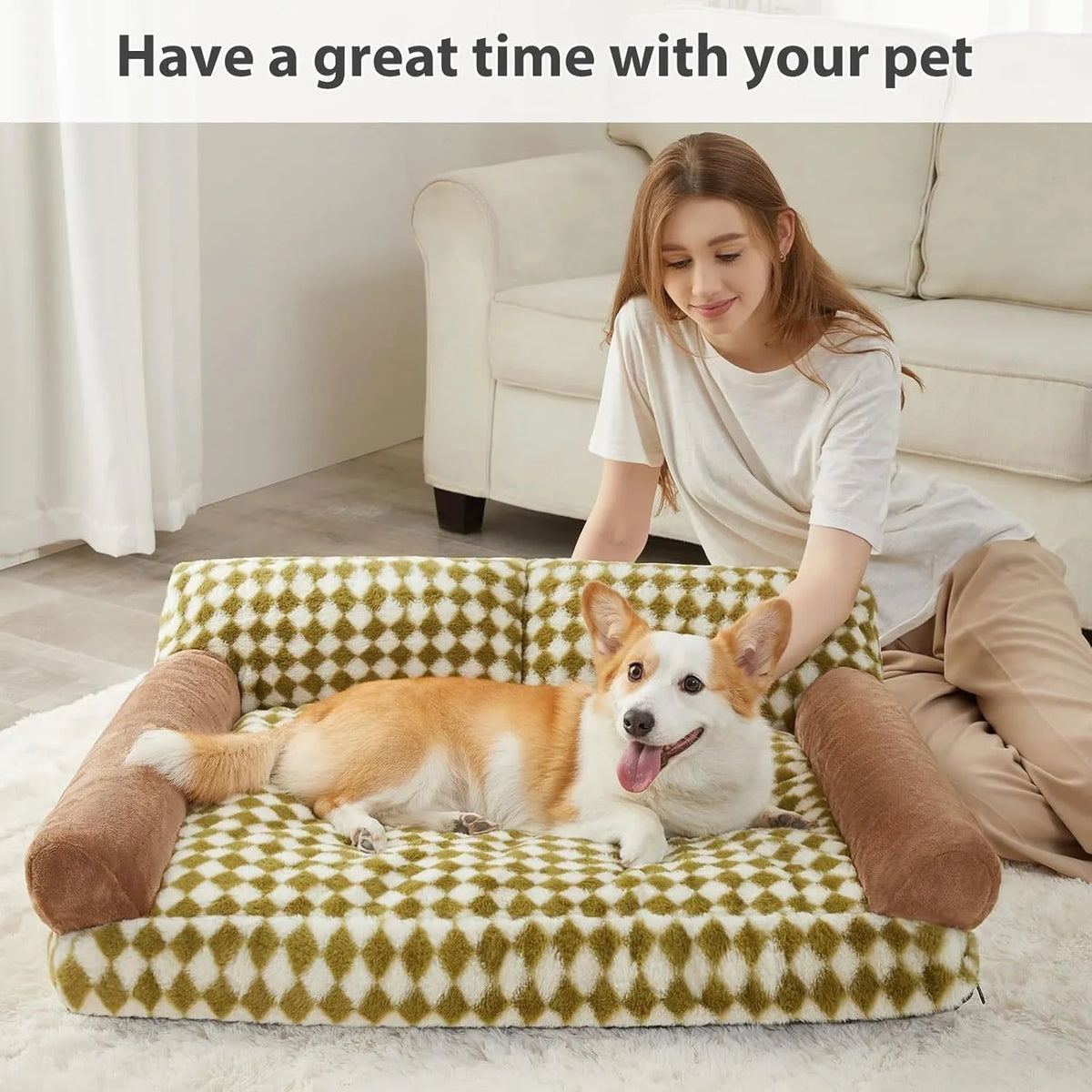 Checkered pattern pet couch bed for small cat or dog with removable washable cover