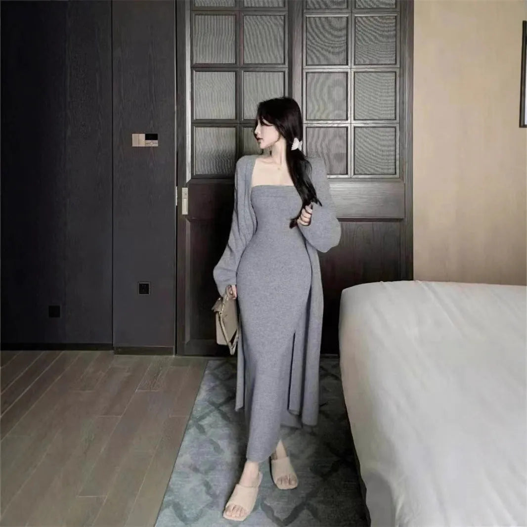Women's knitted cardigan dress and coat suit in free size with flocked texture, available in multiple colours