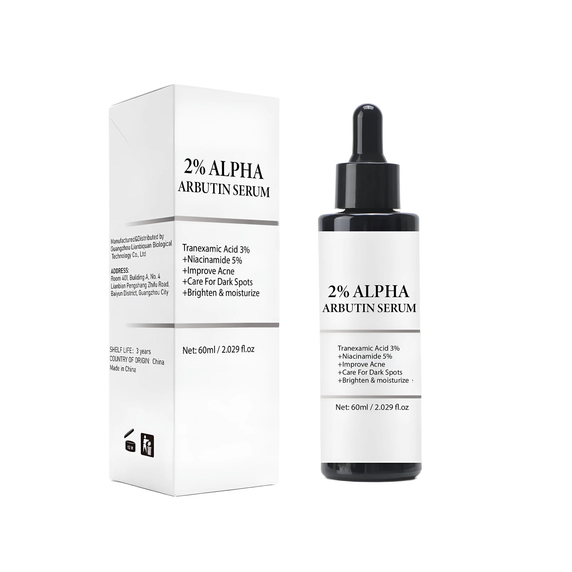 Alpha-Arbutin care solution facial treatment bottle, 60ml net content.