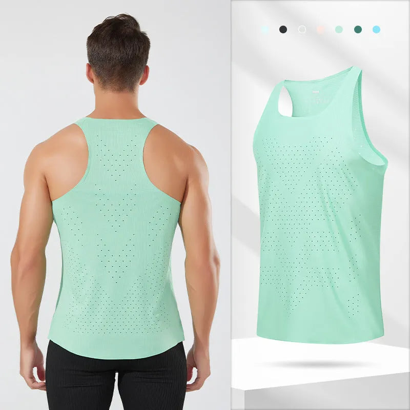 Men's sleeveless polyester running vest in seven colours, sizes S to 2XL, solid colour sports top