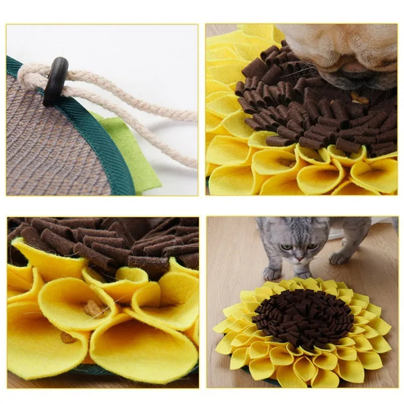 Yellow sunflower snuffle mat for dogs with rope and buckle attachment