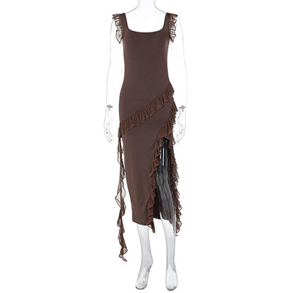 Stylish ruffled split-hem cocktail dress in a variety of colors, featuring a flattering silhouette and delicate spaghetti straps