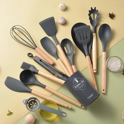 Premium silicone kitchenware set with wooden handle, ideal for cooking and baking