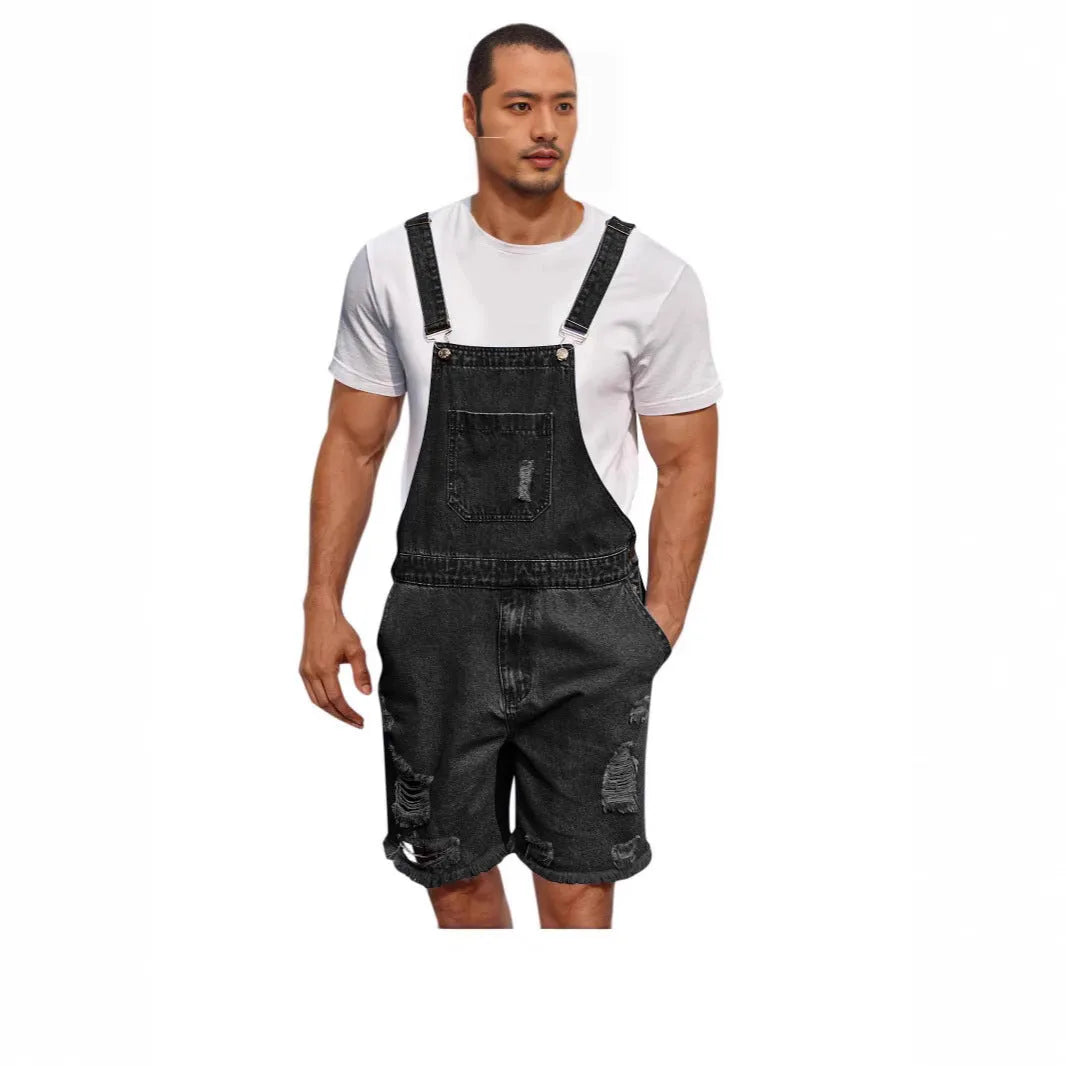 Men's ripped denim suspender shorts in straight-leg style with adjustable straps