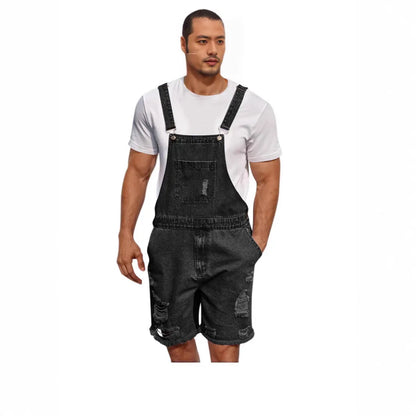 Men's ripped denim suspender shorts in straight-leg style with adjustable straps
