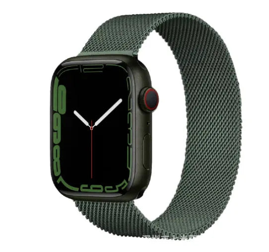 Stainless steel Apple Watch strap in silver on a wrist, showing the metal links and secure clasp.