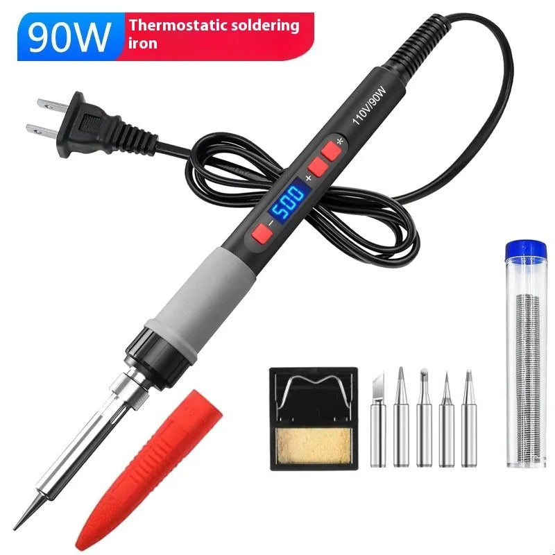 Gray 90W electric soldering iron with ceramic heating core, stand, and five soldering tips.