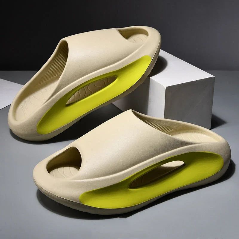 Stylish unisex beach slippers with peep-toe design in various colors including black, white, and khaki