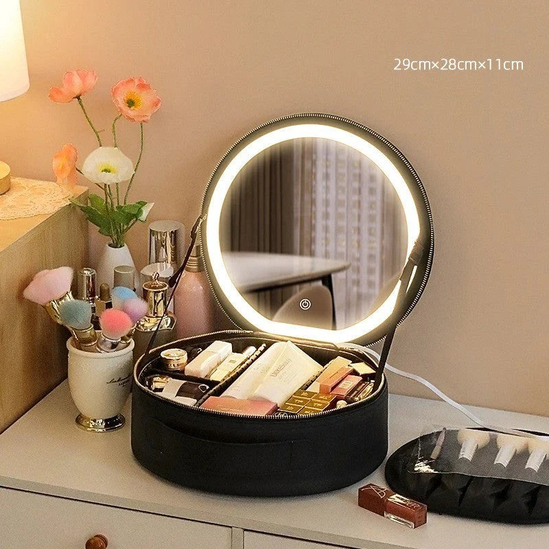 Smart LED makeup bag with adjustable lighting and spacious, organized interior for seamless beauty on the go