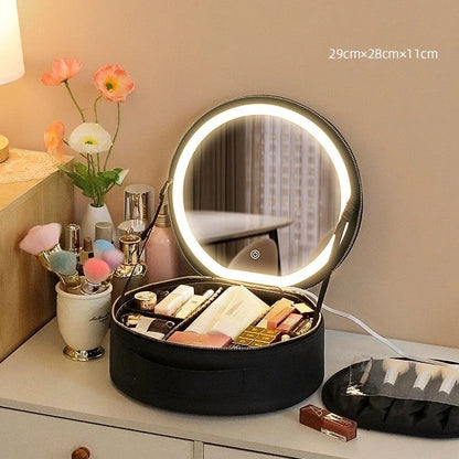 Smart LED makeup bag with adjustable lighting and spacious, organized interior for seamless beauty on the go