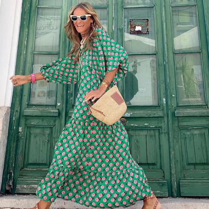 Boho Chic Midi Dress with Floral Print, V-Neck, and Short Sleeves