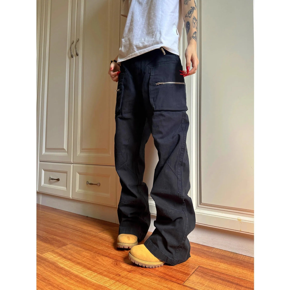 Green and black cotton work trousers with double zip and pockets
