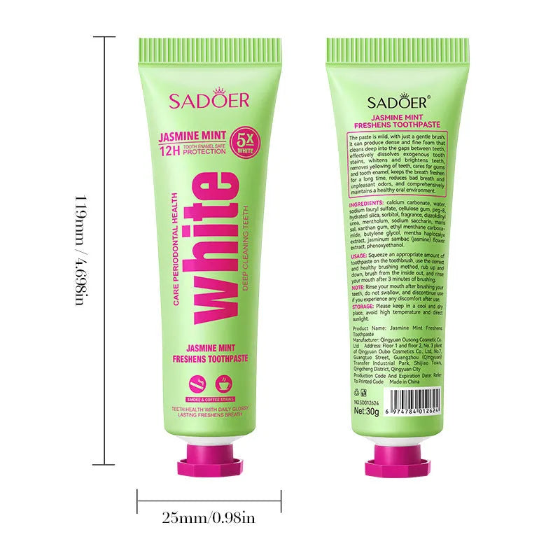 30g household toothpaste tube in jasmine, sea salt, ginger, raspberry or double mint flavour