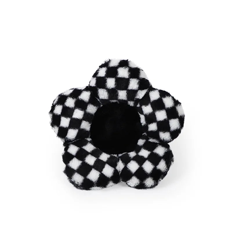 Black and white check car headrest neck pillow with plush material and lumbar support function