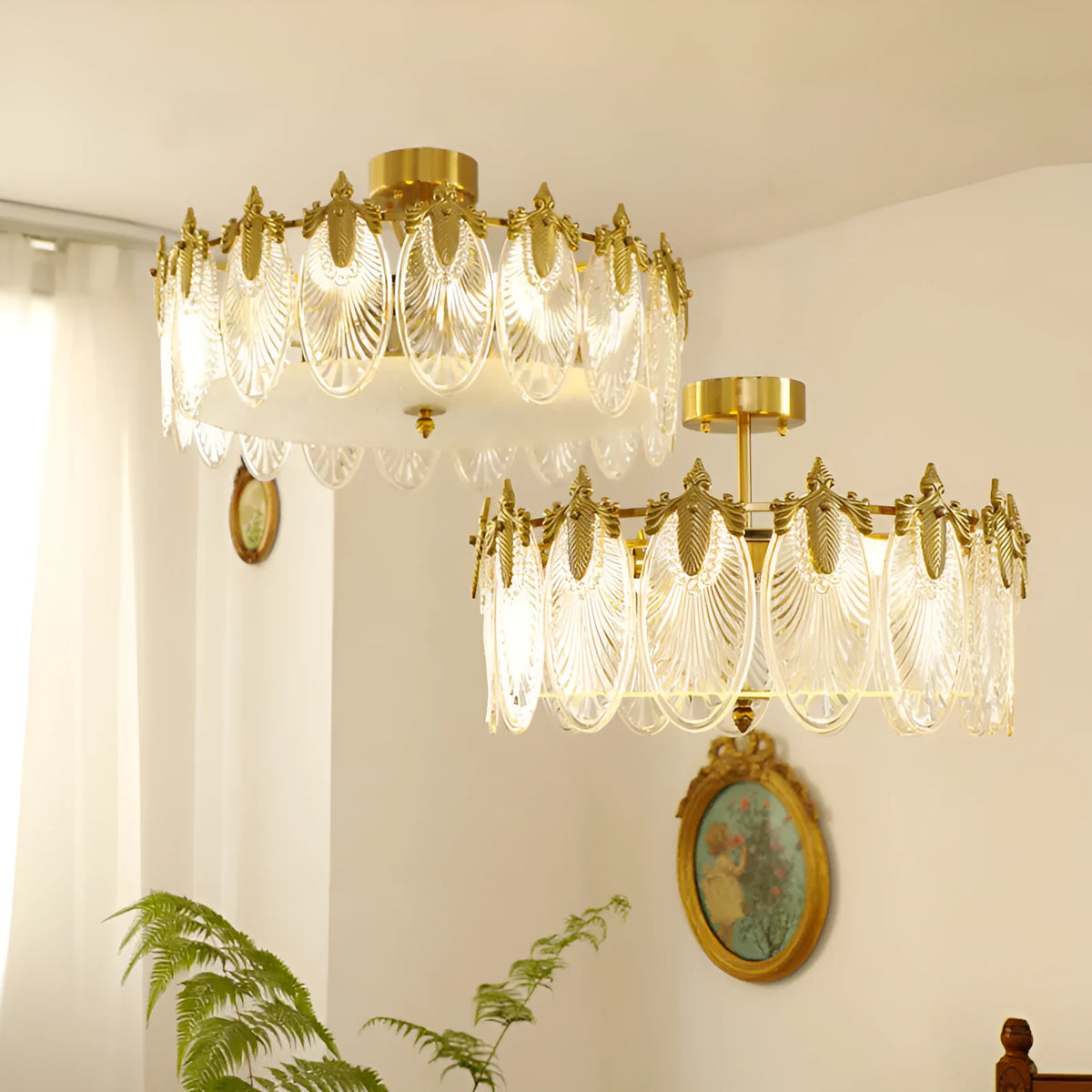 Peacock glass and iron ceiling lamp with LED tricolor light, available in 40cm, 50cm, and 60cm diameters
