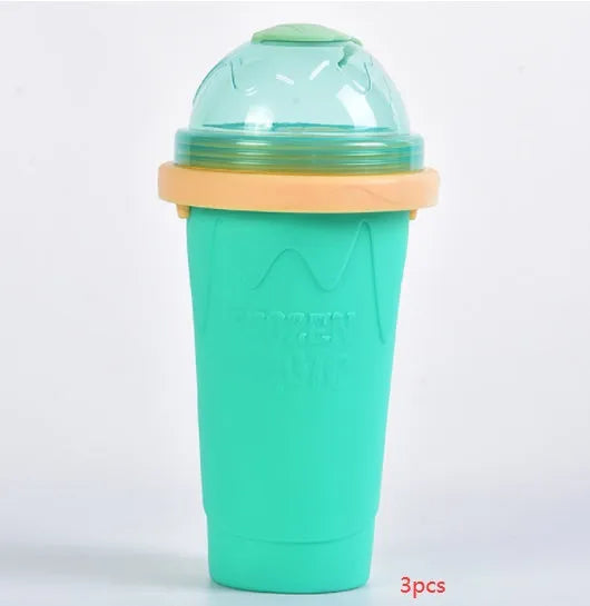Smoothie cup in mint green or light pink with lid, straw spoon, and 201-300ml capacity for quick slush making