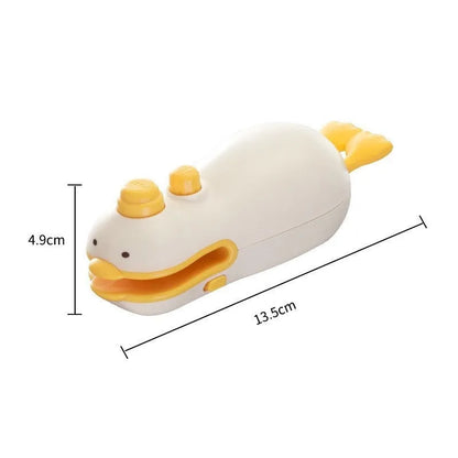 Small yellow duck shaped rechargeable handheld sealing machine with USB cable.