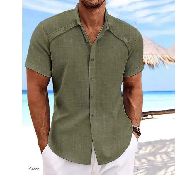 Hawaiian casual short sleeve shirt in solid colour cotton-polyester blend fabric
