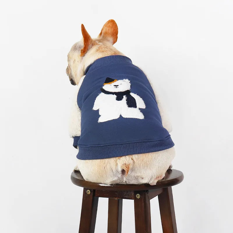 Pet clothes winter fleece-lined thick style dog jumper in cotton material, available in sizes L, XL, 2XL, 3XL, and 4XL with a dark blue colour option for cold weather warmth and comfort
