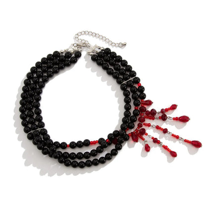 Men's Halloween blood drop tassel necklace with artificial crystal pendant and imitation pearl chain