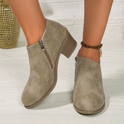 Women's chunky heel ankle boots with side zipper in blue, black, and khaki