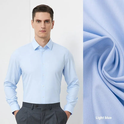 Men's long-sleeved mulberry silk business shirt in light blue with regular cut and cardigan style