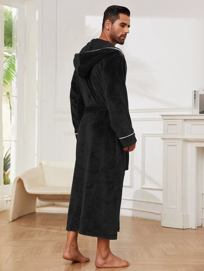 Men's long sleeve flannel bathrobe in light grey, dark blue, or black colours