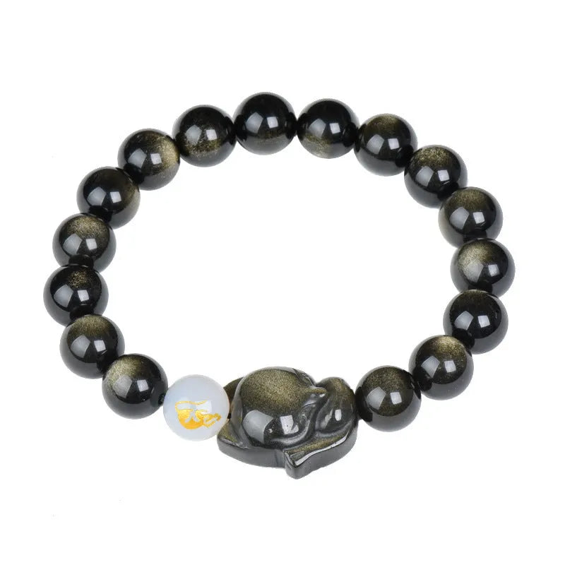 Natural obsidian stone bracelet with 10mm beads in gold, silver or black zodiac guardian styles
