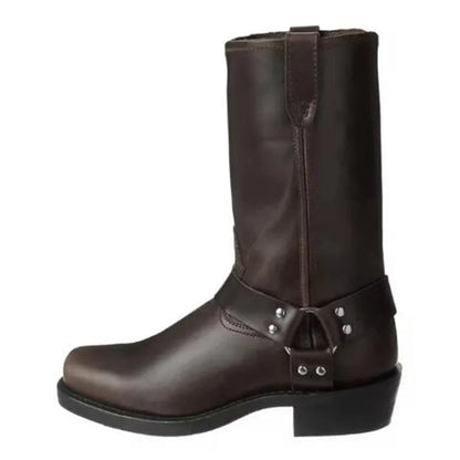 Men's brown cowboy boots with silver buckle ring detail on high-top leather design