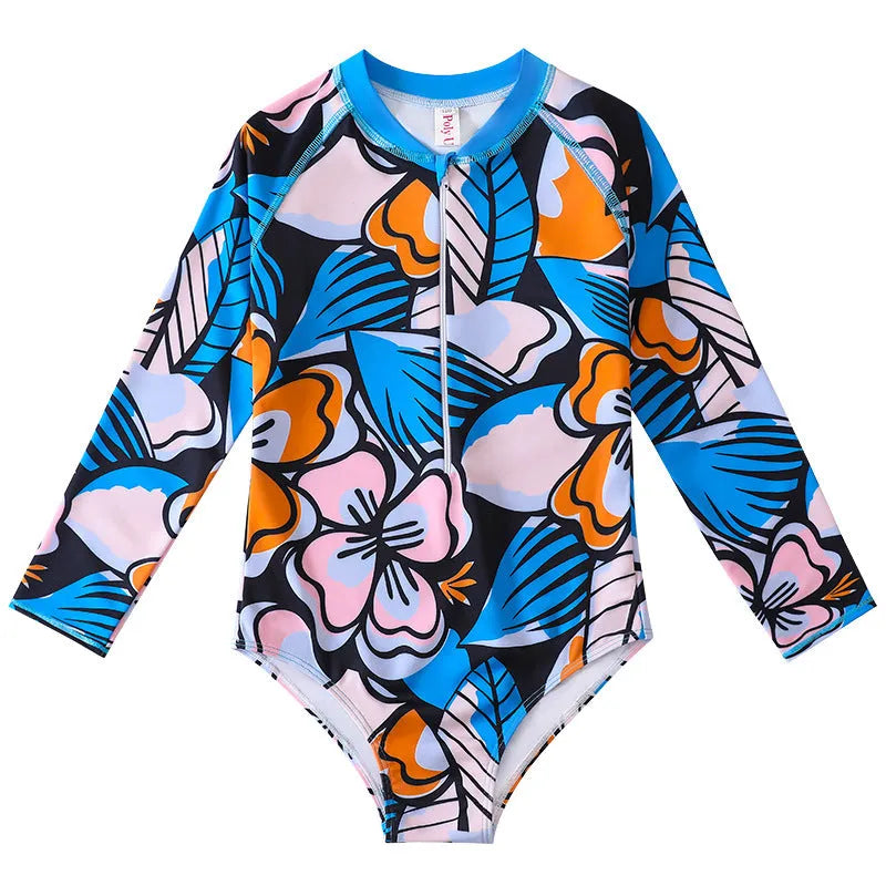 Girl's long-sleeve one-piece swimsuit in briefs style for swimming and wading