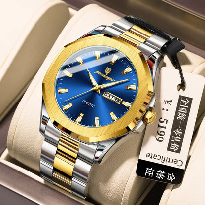 Men's steel strap quartz watch with 9mm thick case in a business style, showing colour options.