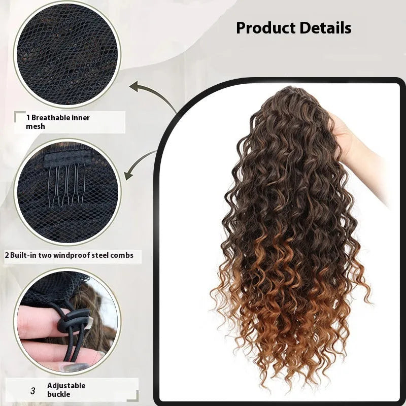 Small curly wave drawstring ponytail wig in gradient brown shades on display