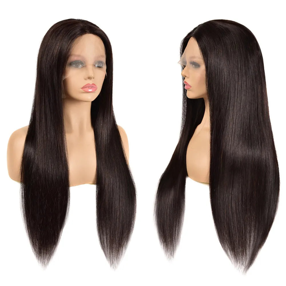 13x4 straight human hair wig with hand-woven lace front, available in 8-32 inch lengths and 150-250% density
