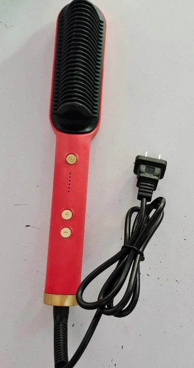 Red 2-in-1 hair straightener and hot comb with tourmaline ceramic plates and digital temperature display
