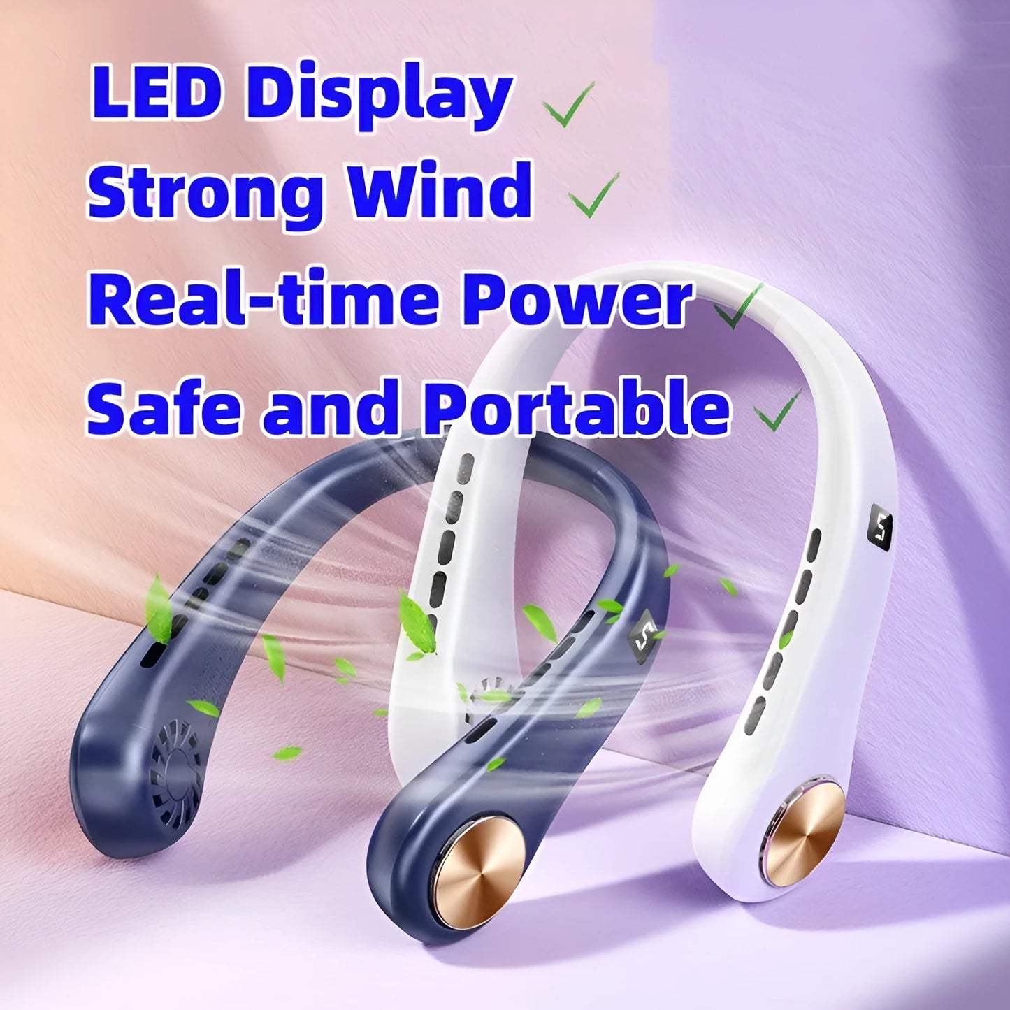 White bladeless hanging neck fan showing the annular air outlet and USB charging port.