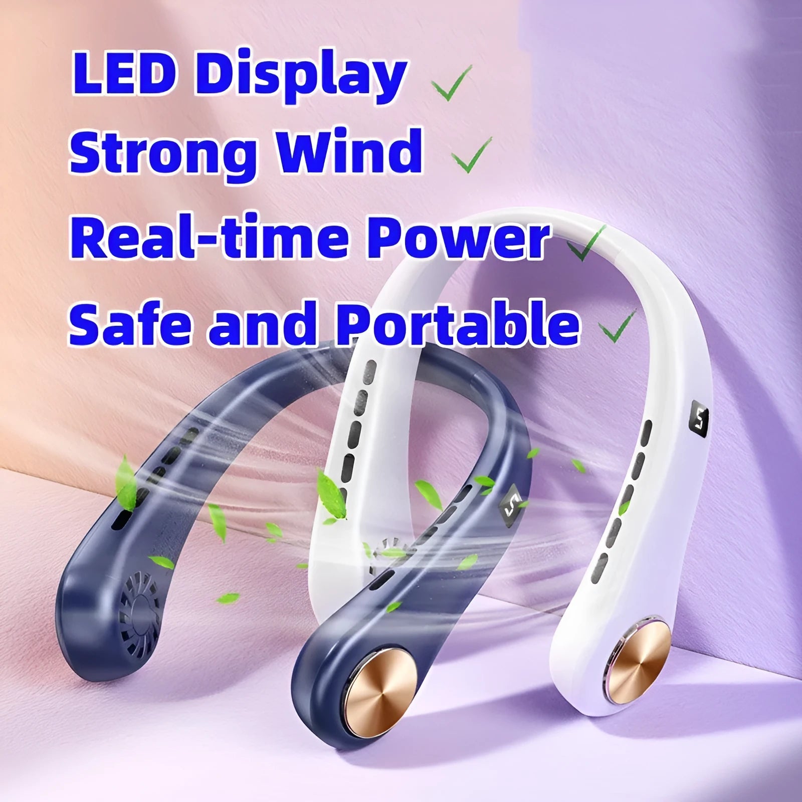 White bladeless hanging neck fan showing the annular air outlet and USB charging port.