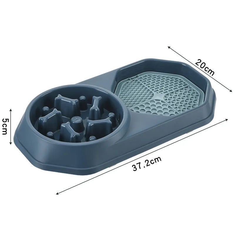 Blue interactive slow feeder dog bowl with maze pattern and non-slip pads for medium dogs