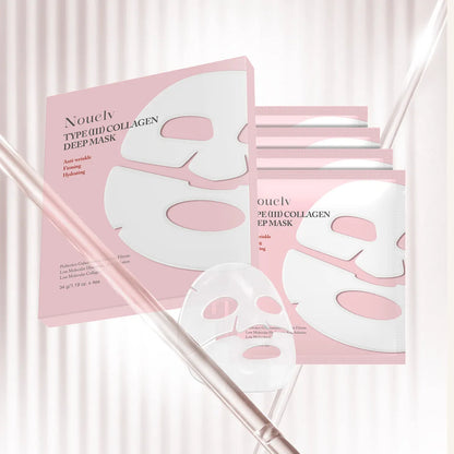 Box containing four white collagen layered patch masks for face skincare.