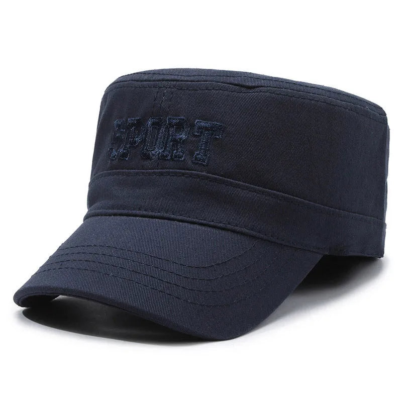 Men's adjustable cotton flat-top peaked cap in army green with dome crown and English letter detailing